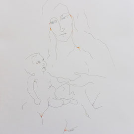 “Maternità”, tecnica mista su carta Fabriano F4 200 g/mq, cm. 33 x 48 – € 250