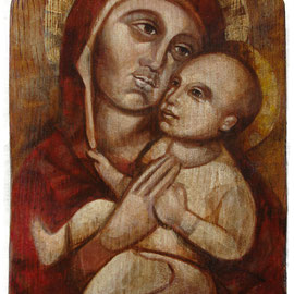 “Madonna col Bambino” - tecnica mista su tavola con procedimento antichizzante cm. 19 x 33 –  Melzo, collezione privata
