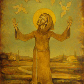“La preghiera di San Francesco” - tecnica mista su tavola con procedimento antichizzante cm. 30 x 40 - Cernusco sul Naviglio, collezione privata