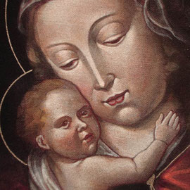 “Madonna col Bambino”, particolare – da arte spagnola XV secolo - acrilico su tela applicata su tavola - Cernusco sul Naviglio, collezione privata