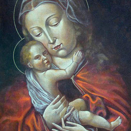 “Madonna col Bambino” da arte spagnola XV secolo - acrilico su tela applicata su tavola - Cernusco sul Naviglio, collezione privata