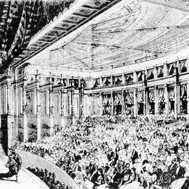 El interior del Festspielhaus, durante la primera representación de El anillo del nibelungo, en 1876.