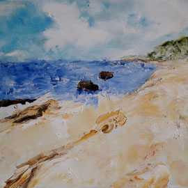 Strandzicht<br/> Afmetingen:70x60 cm<br/> olieverf met paletmes