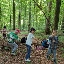 Mehrere Schüler tragen Stöcke zum Sammelplatz