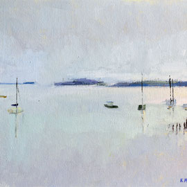 Fog (Belfast) 11 x 14 inches  oil on panel SOLD   The whole painting is shades of white and greys with a few islands and boats hinted at in the foggy setting