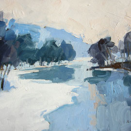 Icy River, 11 x 14 inches, oil on paper   Ice and snow along the river rendered in blues