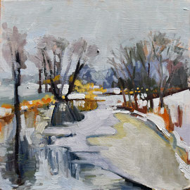 Pond Ice, 8 x 8 inches, oil on panel                        Small impressionistic landscape of snow and ice on a pond at FDR Park. Bare trees and orange grasses surround the pond which is partially covered in ice. 