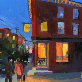 SOLD B2 (Evening on Passyunk) 12 x 9  inches oil on panel  Painting of corner cafe at night with two people crossing the street in front