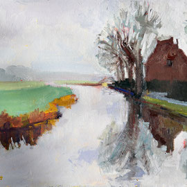 Dutch Canal 11 x 14  inches, oil on panel  Canal with a house along one side on a foggy rainy winters day