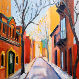 SOLD Chancellor Street, 12 x 9 inches, oil on panel  A view down a narrow street in the Rittenhouse area of Philadelphia. The houses are shades of red, orange and pink brick with bare winter trees along the street. 