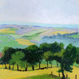 Antonine Wall, 12 x 9 inches, oil on panel   Rolling hills in blues, greens and pinks and a tree line following a fince line 
