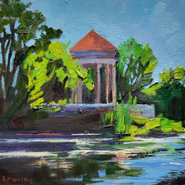 SOLD Olmsted Overlook, No. 3  8x8 inches, oil on panel   Small impressionistic painting of the overlook pavilion on a in height of summer with the trees surrounding the pavilion in greens and blues