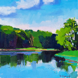 SOLD Medomak River, 8 x 8 inches, oil on panel  This impressionistic landscape depicts a still river with trees reflected in the mirror-like water. The river winds out of view around bright green trees.