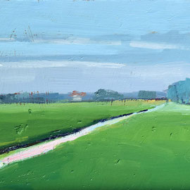 SOLD Dutch Landscape 6 x 12 inches oil on panel   Flat green fields with a canal cutting through the picture diagonally reflecting the light blue sky there is a town in the distance  