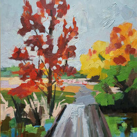 SOLD The Meadows (Fall), 12 x 9 inches, oil on panel                  painting of a foot bridge over a marshy area bracketed by red and yellow trees