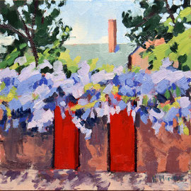 Wisteria (Red Doors) 8 x 8 inches oil on panel SOLD  Painting of wisteria hanging over a wall with two red doors in it