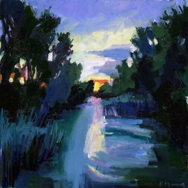 The Meadows Twilight on the Water, 10 x 10 inches, oil on panel    Impressionistic painting of the sun setting over the waterway at the meadows. The sky is purples and oranges with dark green trees along the water.