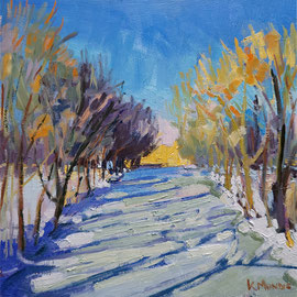 Frozen Waterway. 8 x 8 inches, oil on panel            Impressionistic landscape of trees in a golden afternoon light along the banks of the frozen waterway surrounded by snow.