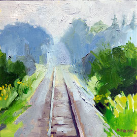 Foggy Railroad, 8 x 8 inches, oil on panel  Image description: Impressionist landscape painting of a rail line surrounded by trees and shrubs disappearing into the fog.