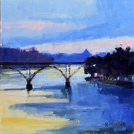 Strawberry Mansion Bridge, 8 x 8 Inches, Oil on Panel   Bridge over the Schuylkill River rendered in blues and purples