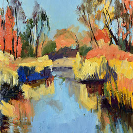 The Meadows in winter 12 x 9 inches oil on panel SOLD     impressionistic landscape of yellow and orange grass, reeds, and trees along a waterway under a blue sky