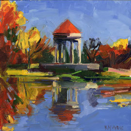 Olmsted Overlook, No. 4  8x8 inches, oil on panel   Small impressionistic painting of the overlook pavilion on a in fall with the trees surrounding the pavilion in oranges and yellows
