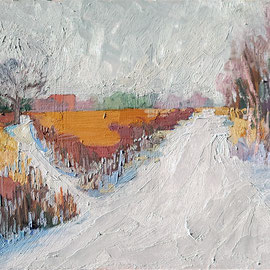 The Wedge 12 x 24 inches, oil on panel           Impressionist style oil painting of a snowy gray day at the Meadows. Two snow covered paths lead from the viewer and diverge around an are of tall wild grasses that are rust and ocher colors. Trees form the