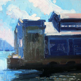 Municipal Pier, 9 x 12 inches, oil on board SOLD    Storage building on the river depicted in blues
