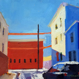Red Building (Titan Street) 8x8 inches, oil on panel       Small impressionistic painting looking down a narrow street with a red building at the end. Sunlight coming over the building casts shadows on the street and houses. 