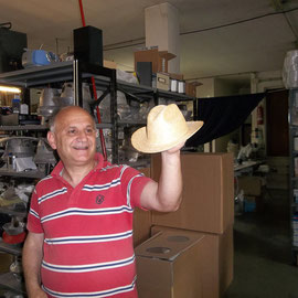 Signore Lauro from Di Chiara Rosa hats, with the miniature cowboy hat made for bonboniere.              B&B La Mela Rosa