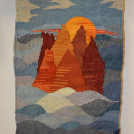 Steine im Wasser, 25 x 35 cm, Freie Gobelinweberei; Kette: Hanf, Schuss: feine Gobelinwolle