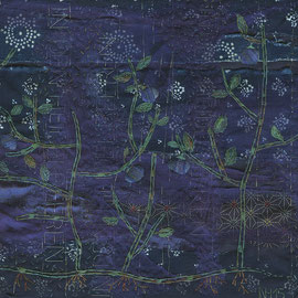 Detail von "In den Heidelbeeren" (2015), 26 x 74 cm, Freie Handstickerei mit Seide und versilbertem Faden auf Leinen und Leinen-Blaudruck