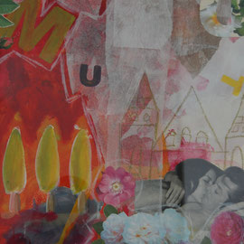 MUT - Dornröschen küsst den Prinzen wach - Acryl/Collage auf Papier 60X50cm (verkauft)