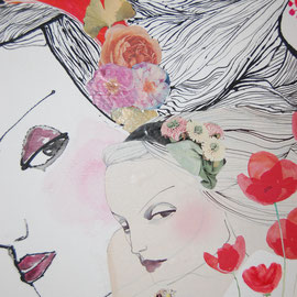 Rosenrot -Aquarell/Collage auf Papier 50x40cm (reserviert)