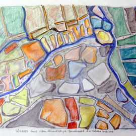 Wasser aus dem Himalaya bewässert die Felder Indiens, Farbstift auf Papier 40 x 30 cm