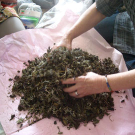 ドクダミにアマチャヅル、ヨモギ、シソ、ゲンノショウコ、ヤーコンとマコモの葉を混ぜてブレンド