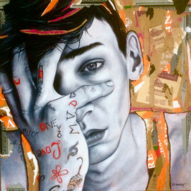 PENSÉE - VISAGE HUILE ET COLLAGE - 80 X 80 CM - 600 €
