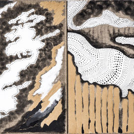Wolken und Turbulenzen, Collagen, Papier, Acryl, Gouache auf Leinwand je 29,7cm x 42 cm