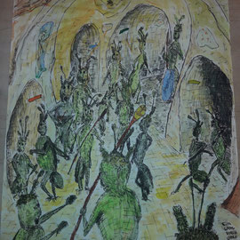 Ein Gang durch Uoro - ca. A3 - Fineliner / Pastell, März 2023 -  aus der Reihe "Grüner Prinz"