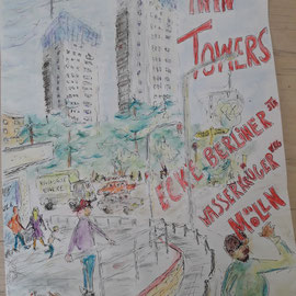 Impression aus Mölln: Twin-Towers, Ecke Wasserkrüger Weg / Berliner Strasse. Juni 2023,  Format A3, Ölpastellwachsstifte / fineliner auf Paper 90gr/qm