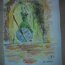 Auf Wache - ca. A4 - Fineliner / Pastell, März 2023 -  aus der Reihe "Grüner Prinz"