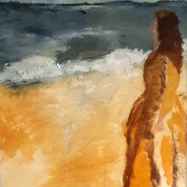 Vrouw aan het strand<br/>Geïnspireerd door 19e-eeuwse schilder <br/>Käte Lassen<br/> Afmeting: 53 x 74 cm<br/>olieverf met spons         