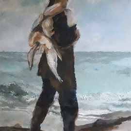 Visser<br/>Geïnspireerd door 19 eeuwse <br/>schilder Michael Ancher<br/>Afmeting: 1,00x 1,50m<br/>olieverf met spons