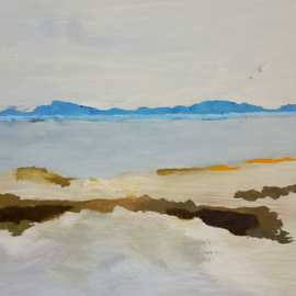 Blauwe horizon<br/> Spaanse kust met landtongen<br/> Afmeting: 50 x 50cm<br/>olieverf met penseel