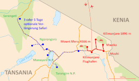 Landkarte Trekking Mount Meru plus Lemosho - Reise in Tansania