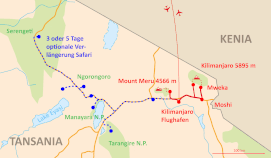 Landkarte Trekking Mount Meru plus Kilimanjaro Umbwe Western Breach