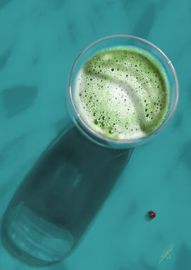 Close up of my Matcha cup and a cute little ladybird next to it, digital art, procreate, stil: acrylic, pastel, pencil, 2026