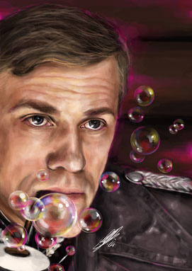 Christoph Waltz as "The Evil with the soap bubbles", digital art, procreate, stil: acrylic, 2024