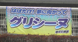 オーダーメイド横断幕.ＣＯＭ-戸谷染料商店-ﾃﾞｻﾞｲﾝｻﾝﾌﾟﾙ-ｻｲｽﾞ・寸法-横断幕・幕・応援幕・懸垂幕-競馬・ＫＥＩＢＡ・馬・騎手・厩舎-実績写真-グリシーヌ