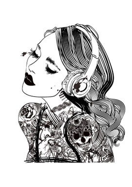Kunstdruck von Frau die Musik hört Tattoo Art